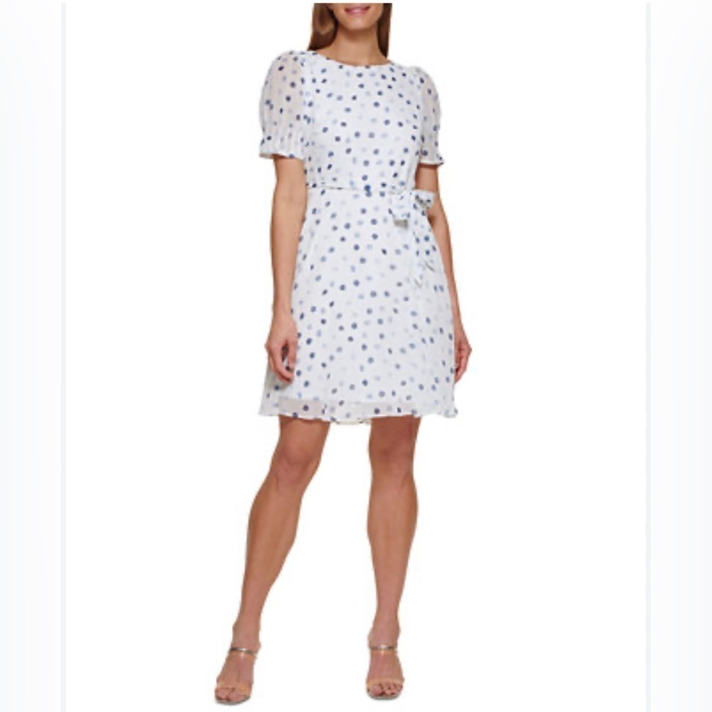 DKNY spring summer dress, size 12, white, blue dots, belted, lined, full skirt